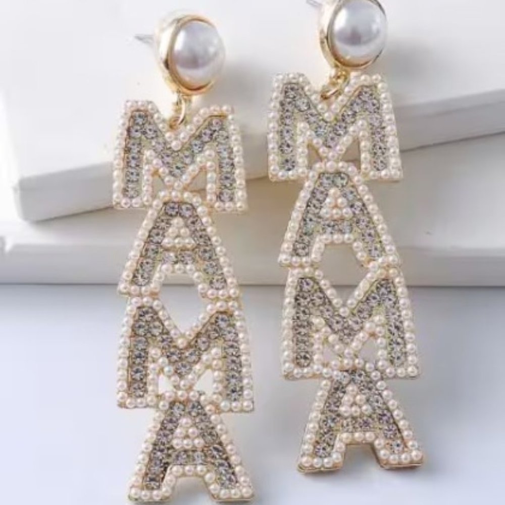 MAMA Rhinestone and Pearl Earrings, Mom to Be, Mother's Day, Baby Shower Gift